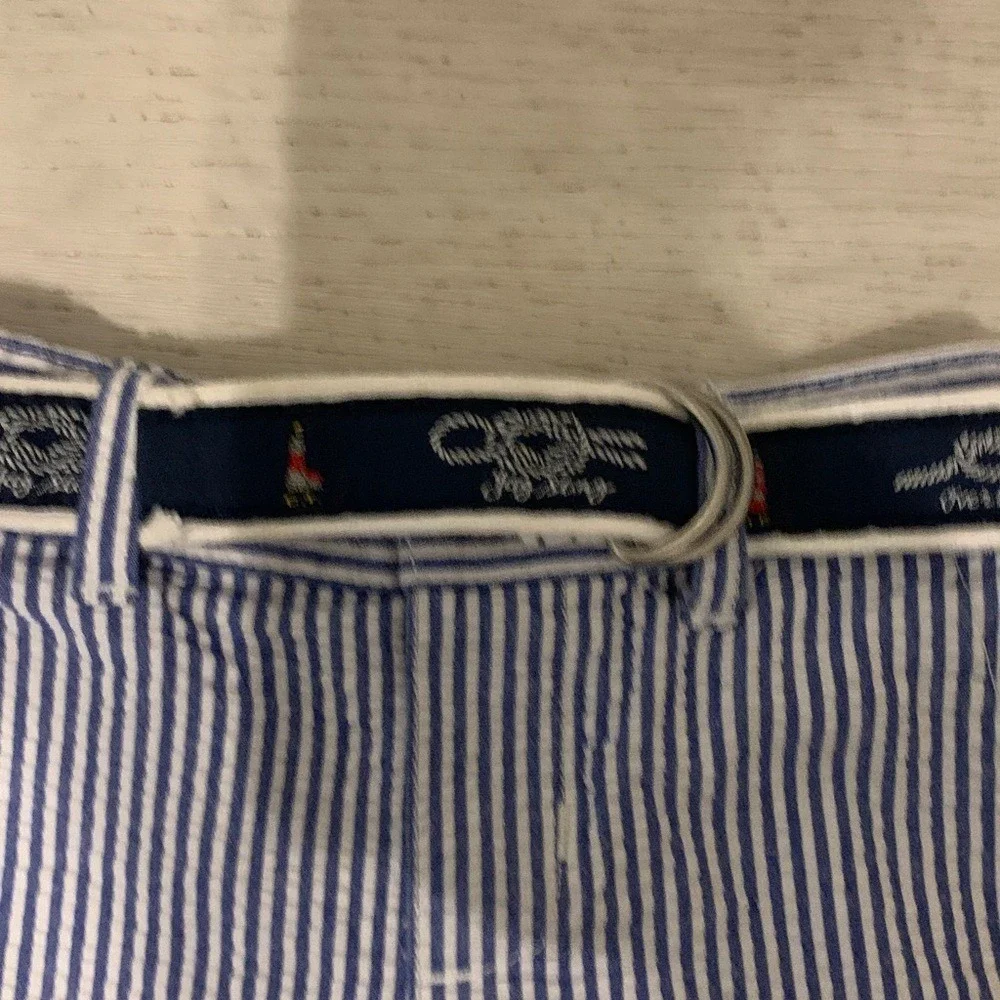 Ralph Lauren Kids Blue White Seersucker Nautical Belted Shorts 9M Preppy Coastal